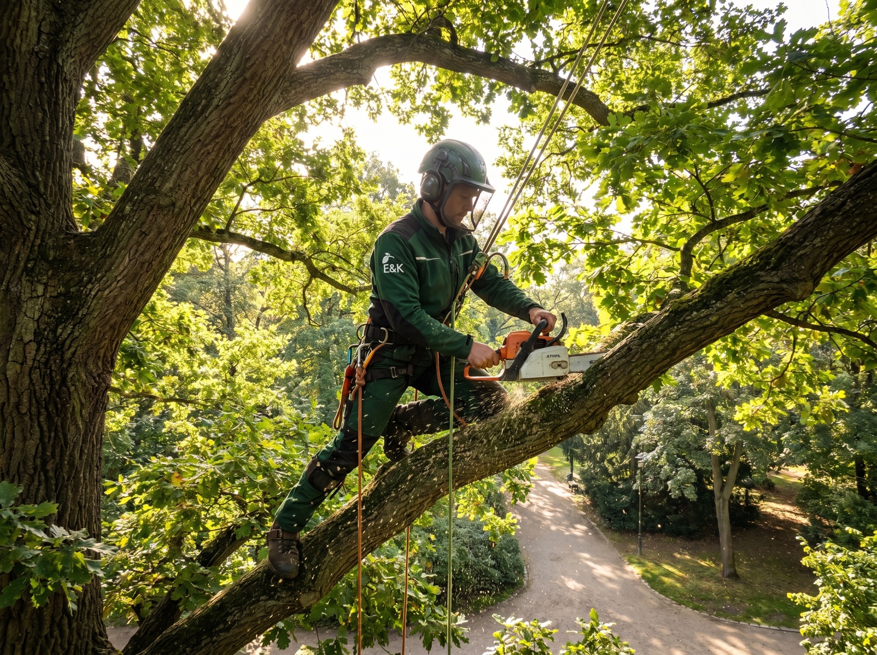 E&K Baumpfleger bei der Kronenarbeit am Baum