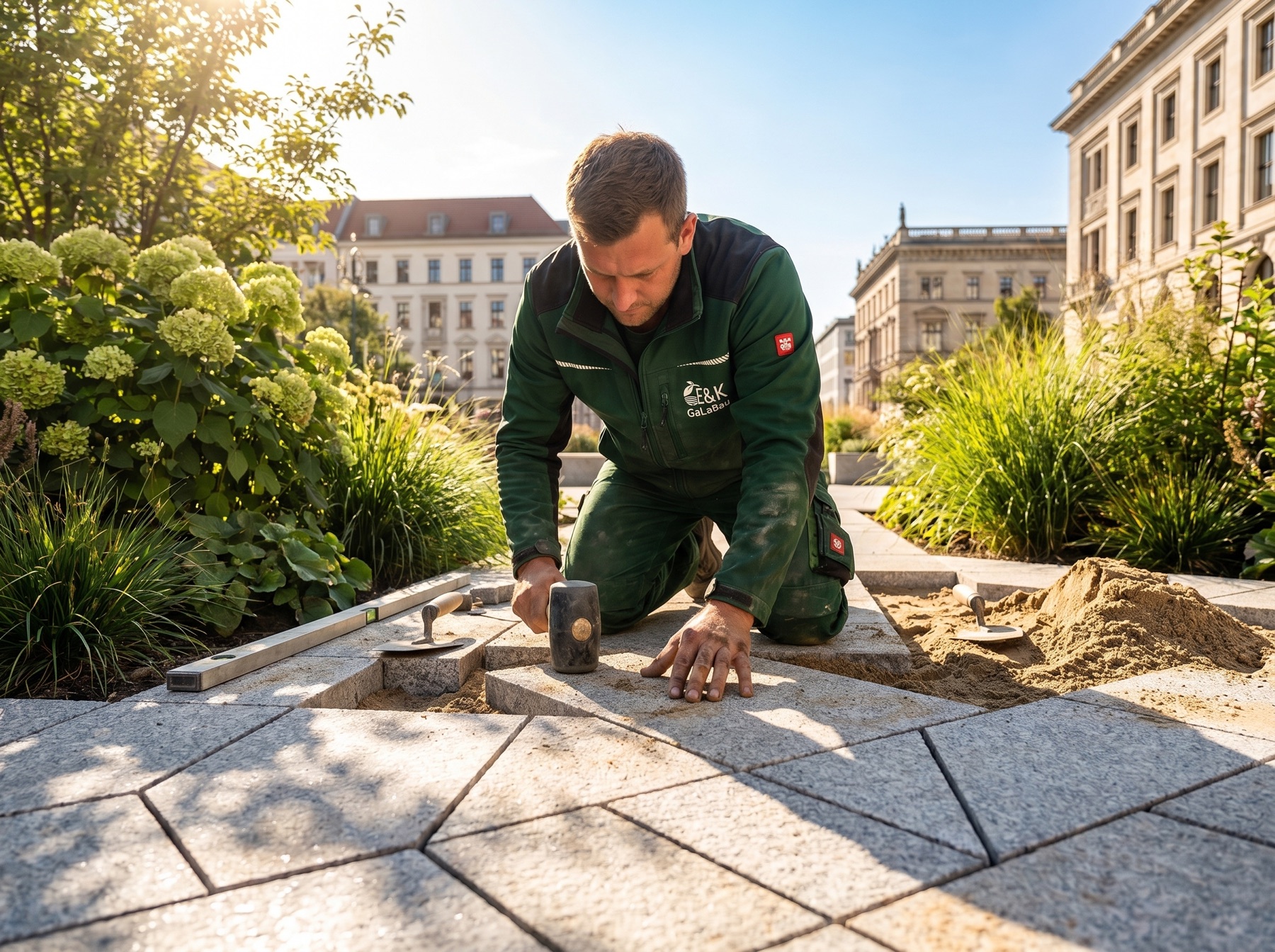 E&K Mitarbeiter beim Verlegen von Naturstein-Pflaster