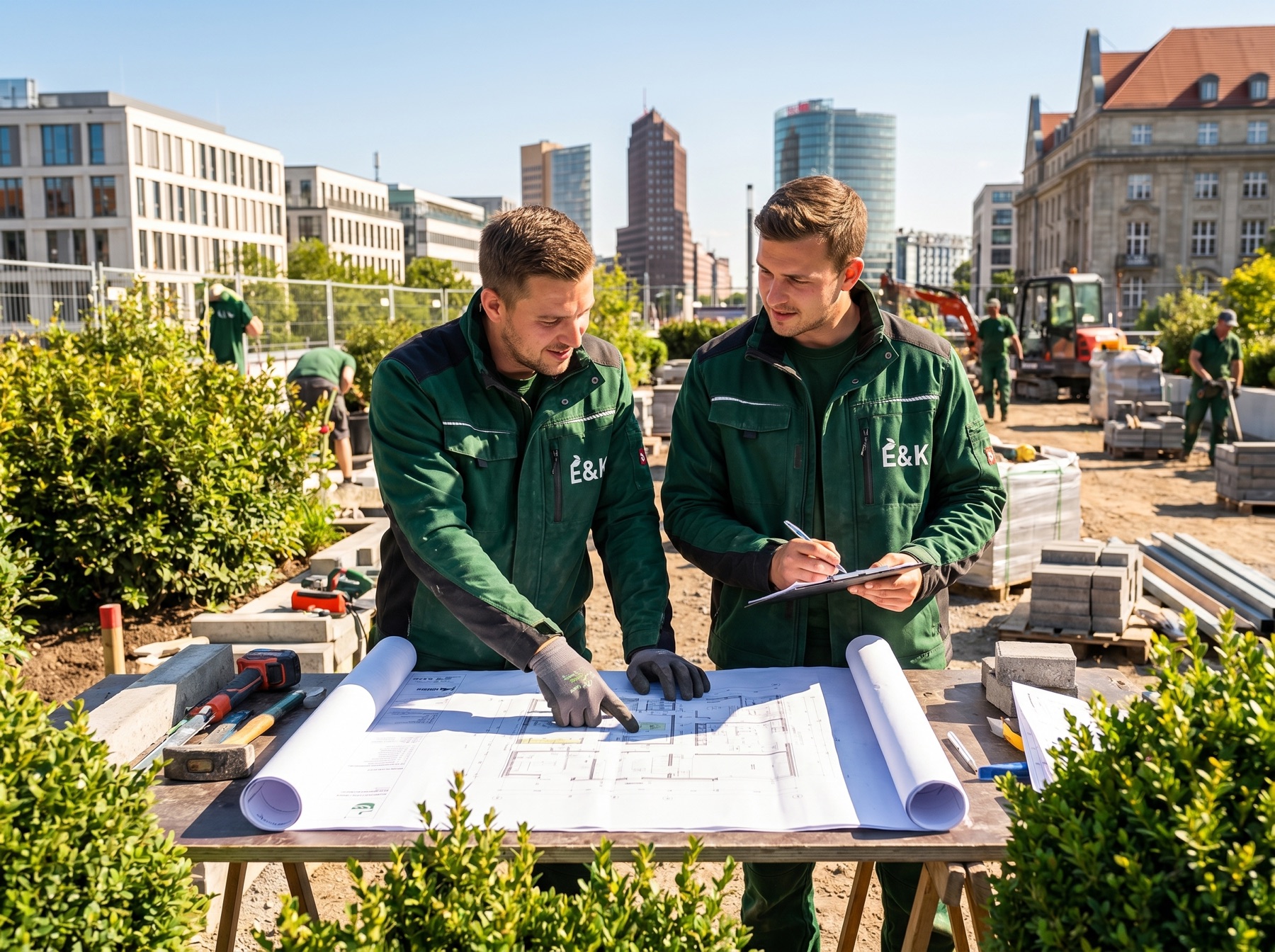 E&K Mitarbeiter bei der Bauplanung mit Architekturplänen