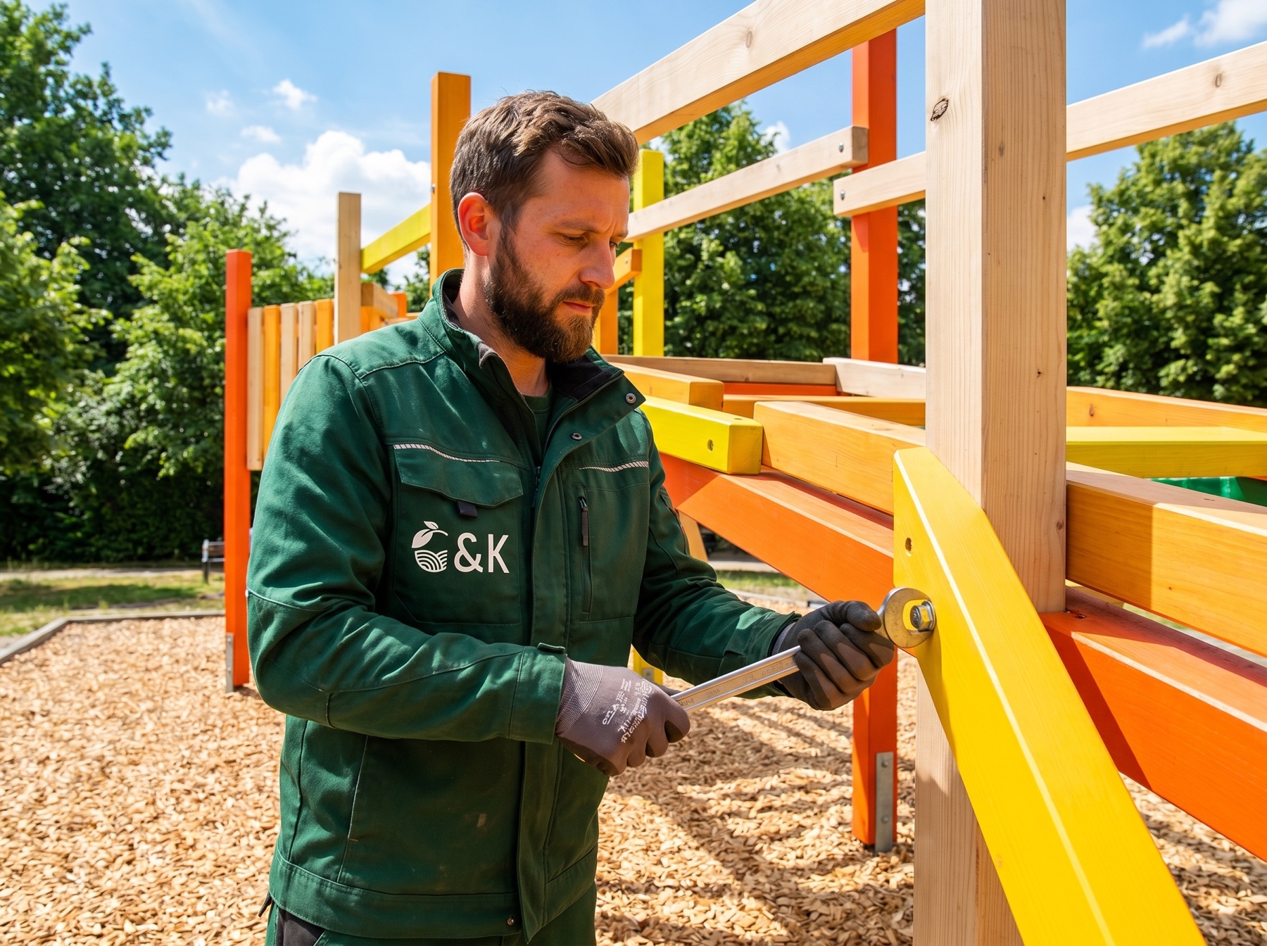 E&K Mitarbeiter montiert ein Spielplatzgerät