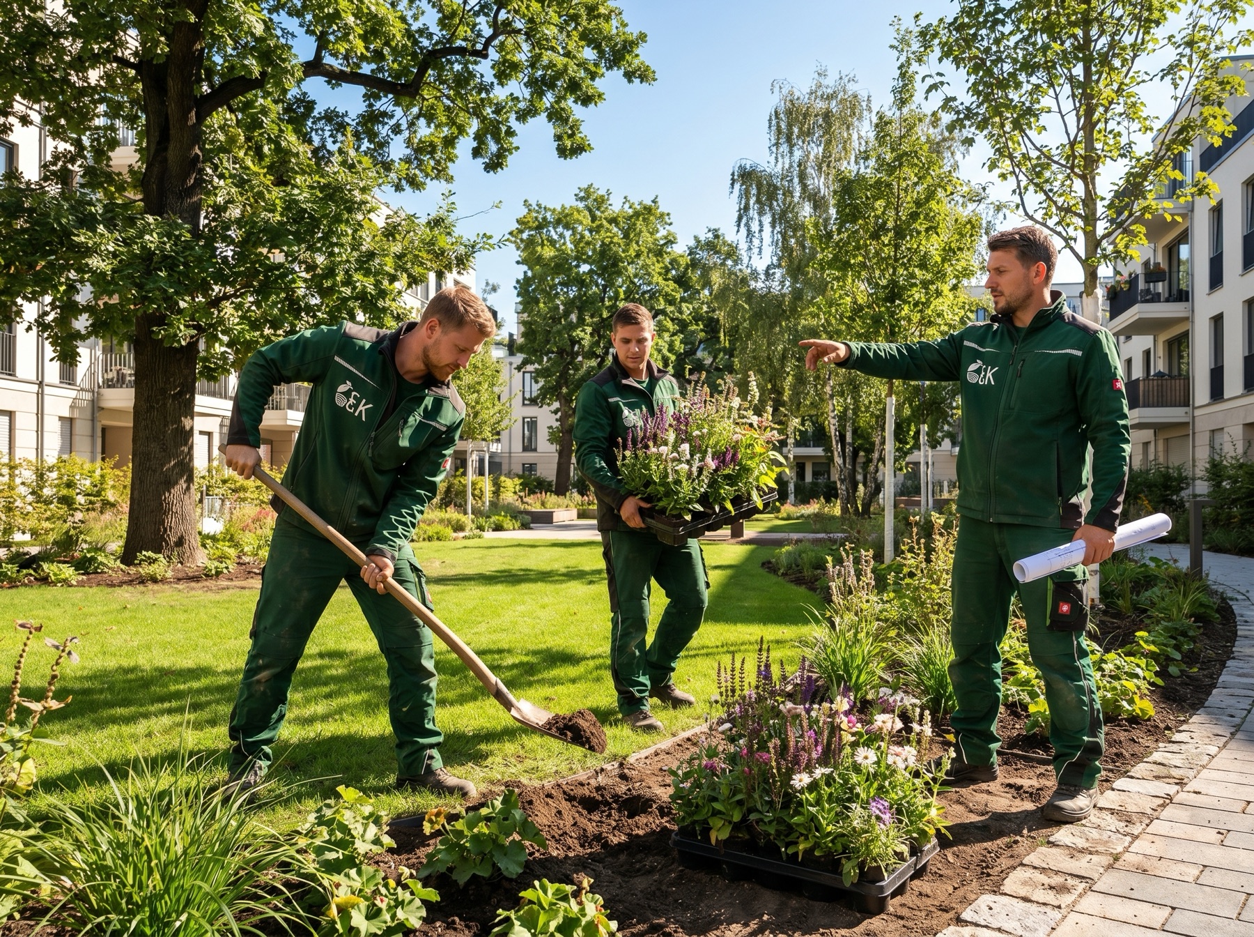 E&K Team beim Arbeiten an einem Berliner Wohnanlagen-Hof
