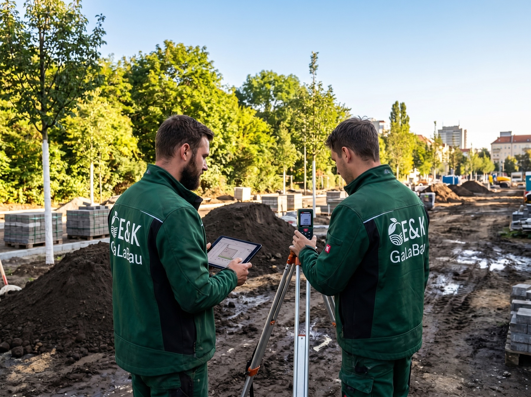 E&K Bauleitung beim Aufmessen auf der Berliner Baustelle